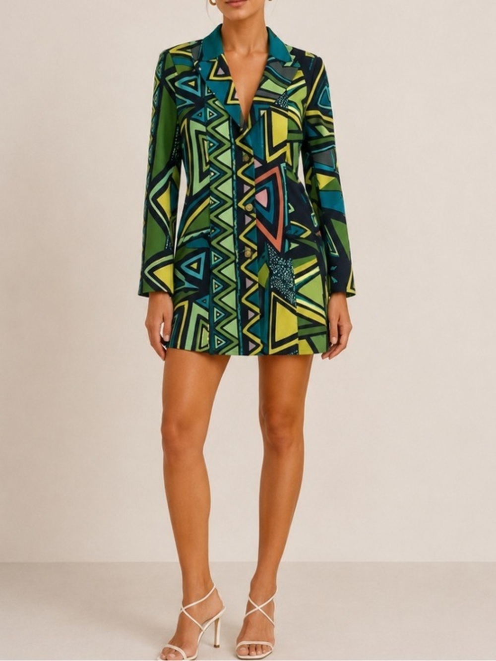 Kahindo Green Abstract Geometric Tuxedo Blazer Jacket